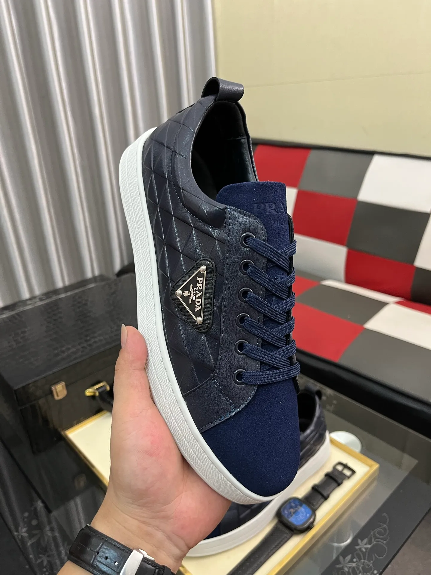 Men's shoes 💰440⌚️⌚️Prada•PRADA original quality.~ Unique modern style sneakers. 🏃A must-have casual shoe for trendy men😍😍 Original brand imported from Italy, imported original leather, sheep lining (refuses to discolor and grind feet) Sole: Original sole provided by the original factory, French lazy style design ⚠️Fit to the feet, original quality, super comfortable original sole. Code number: 38-444️⃣Colors available